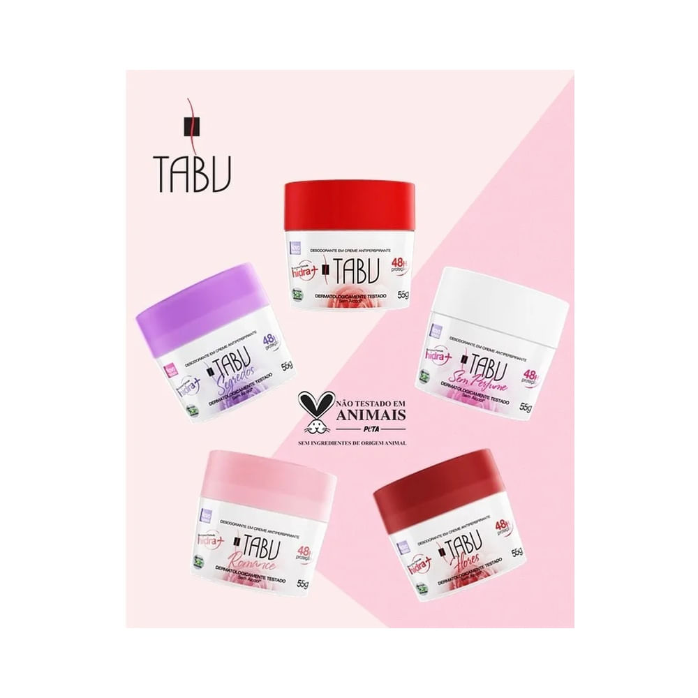Desodorante creme Tabu Segredos 708 com diversas tampas coloridas